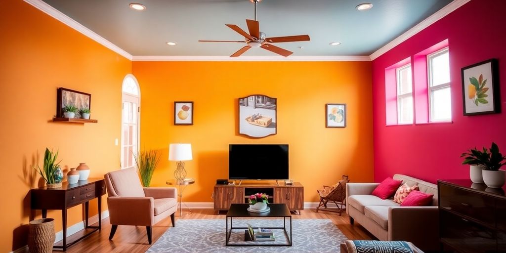 Modern interior with vibrant paint and stylish decor.