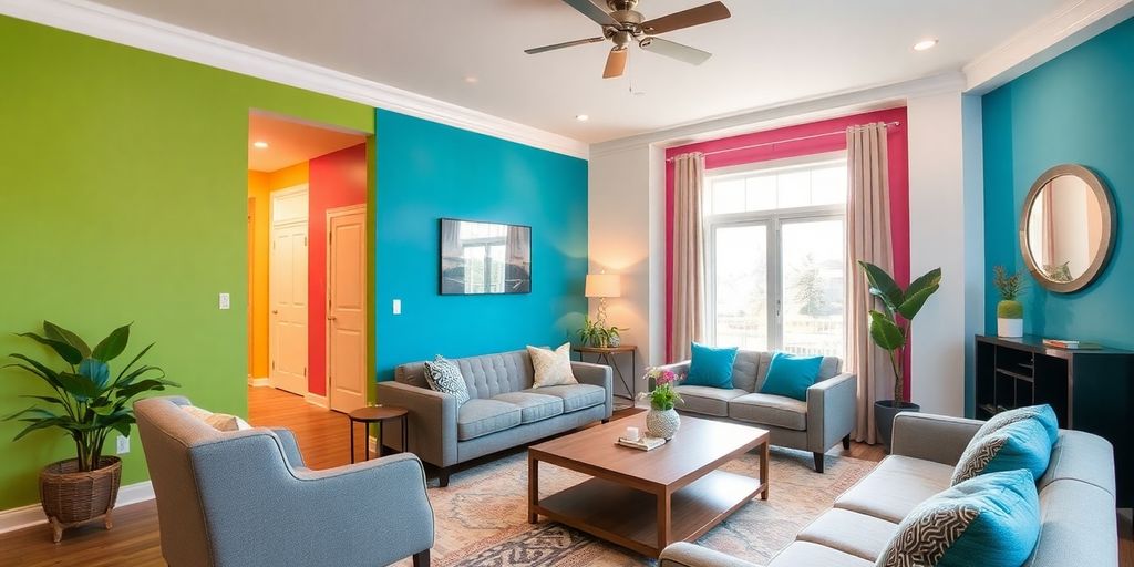 Modern interior room with vibrant colors and stylish decor.