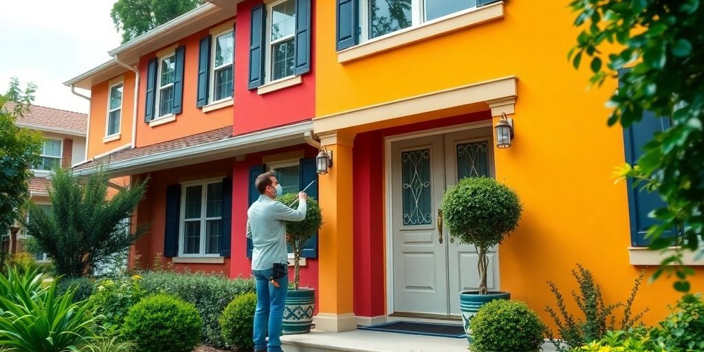 House exterior with fresh paint and a painter at work.