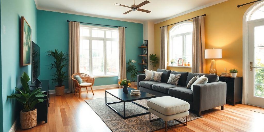 Freshly painted living room with vibrant colors and decor.