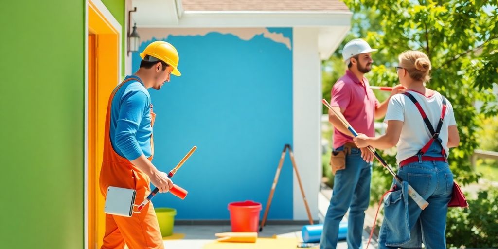 Painters working on a colorful home exterior in Maryland Heights.