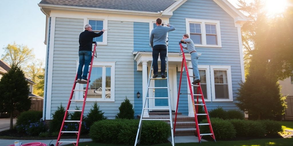 Painters on ladders, house, Creve Coeur, Missouri.