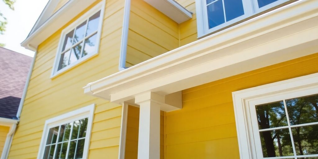Freshly painted house exterior, vibrant colors, clean lines.